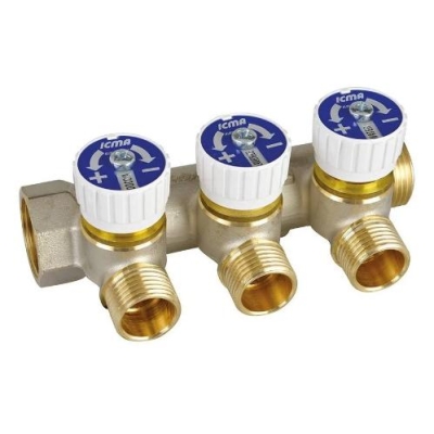 Коллектор 3/4" х 3 выхода  с отсекающими кранами ICMA