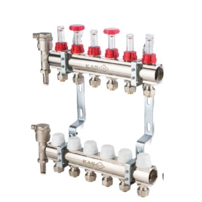 Коллектор из латуни 1"с расходомерами и сливной группой на 9 выходов KAS